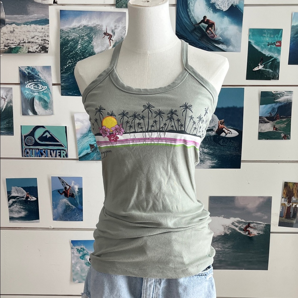 Women's Palm-Graphic Halter Tank Top - Sage Green